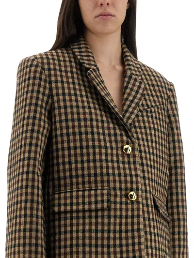 Ganni Checked Wool Blazer In Brown