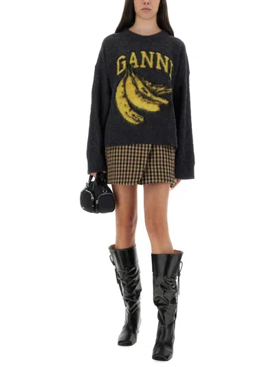 Ganni Jersey With Banana And Logo In Multi
