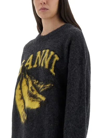 Ganni Jersey With Banana And Logo In Multi