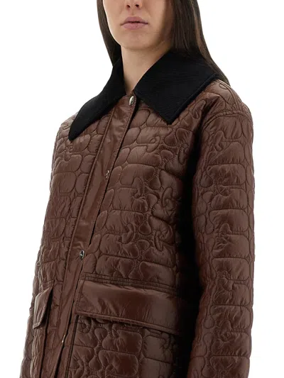 Ganni Quilted Midi Jacket In Brown