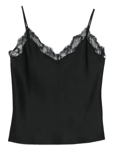 Calvin Klein Satin Cami With Lace Trim And Spaghetti Straps In Black