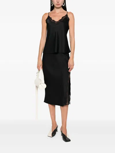 Calvin Klein Satin Cami With Lace Trim And Spaghetti Straps In Black