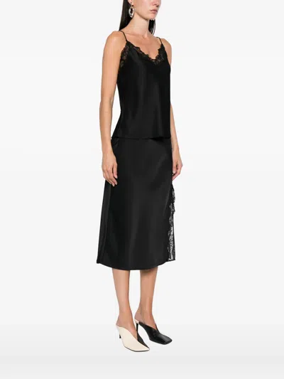 Calvin Klein Satin Cami With Lace Trim And Spaghetti Straps In Black