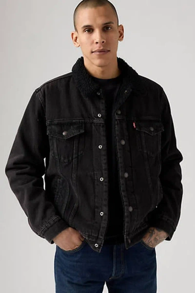 Levi's Relaxed Fit Faux Shearling Lined Denim Trucker Jacket In Black