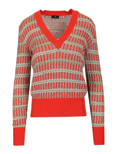 Etro V Neck Knitewear With Stripe Knitwear Multicolor In Orange