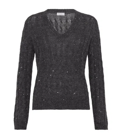 Brunello Cucinelli V-neck Cable Knit Sequin Sweater In Gray