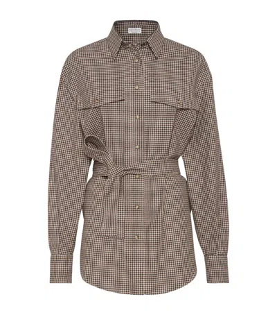 Brunello Cucinelli Check-pattern Shirt With Belt And Shiny Collar Detail In Brown