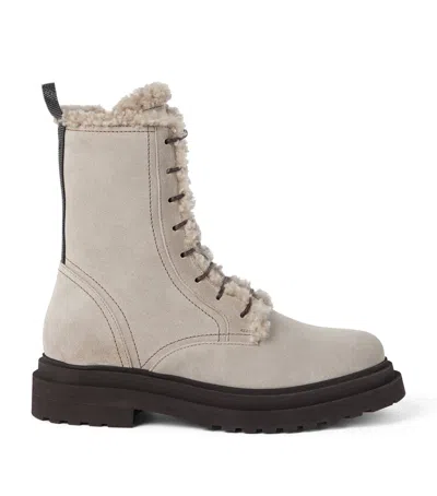 Brunello Cucinelli Women Gray Suede Boots With Shiny Loop Detail In Multi