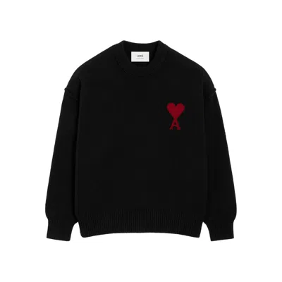 Ami Alexandre Mattiussi Relaxed Fit Black Wool Turtleneck Sweater With Graphic Heart Motif In Black