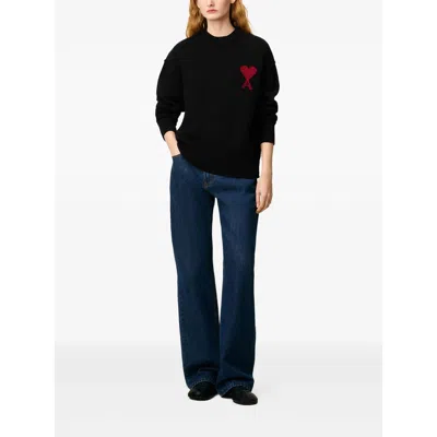 Ami Alexandre Mattiussi Relaxed Fit Black Wool Turtleneck Sweater With Graphic Heart Motif In Black