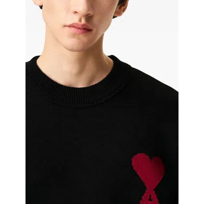 Ami Alexandre Mattiussi Relaxed Fit Black Wool Turtleneck Sweater With Graphic Heart Motif In Black