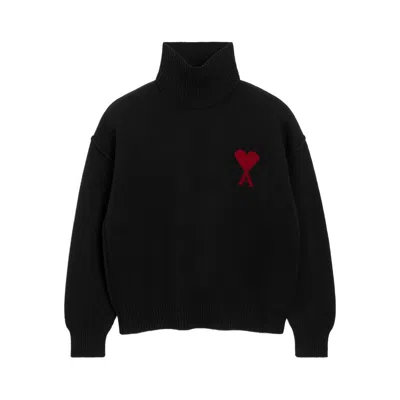 Ami Alexandre Mattiussi Relaxed Fit Black Wool Turtleneck Sweater With Graphic Heart Motif In Black