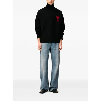 Ami Alexandre Mattiussi Relaxed Fit Black Wool Turtleneck Sweater With Graphic Heart Motif In Black