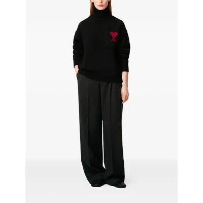 Ami Alexandre Mattiussi Relaxed Fit Black Wool Turtleneck Sweater With Graphic Heart Motif In Black