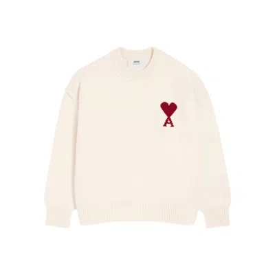 Ami Alexandre Mattiussi Heart Friend Wool Sweater With Exposed Stitching In Neutral