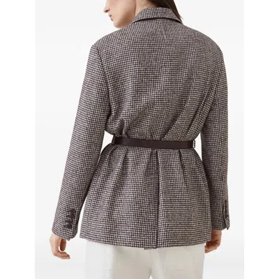 Brunello Cucinelli Giacca In Pied-de-poule Di Lana E Alpaca Con Cintura In Pelle E Monile In Gray