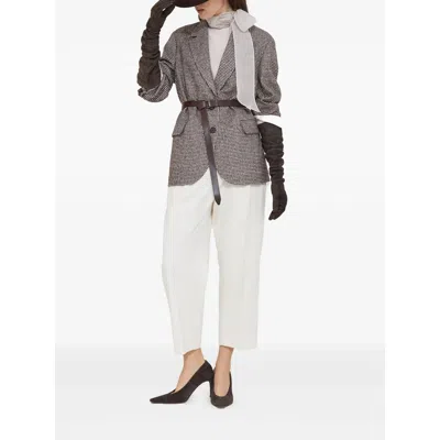 Brunello Cucinelli Giacca In Pied-de-poule Di Lana E Alpaca Con Cintura In Pelle E Monile In Gray