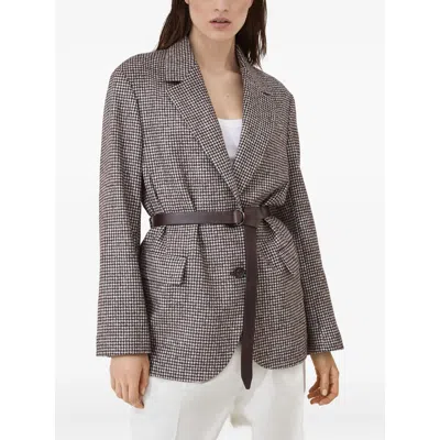 Brunello Cucinelli Giacca In Pied-de-poule Di Lana E Alpaca Con Cintura In Pelle E Monile In Gray