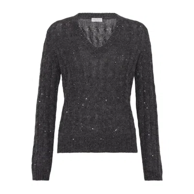 Brunello Cucinelli V-neck Cable Knit Sequin Sweater In Black