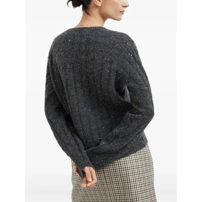 Brunello Cucinelli V-neck Cable Knit Sequin Sweater In Black