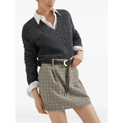 Brunello Cucinelli V-neck Cable Knit Sequin Sweater In Black