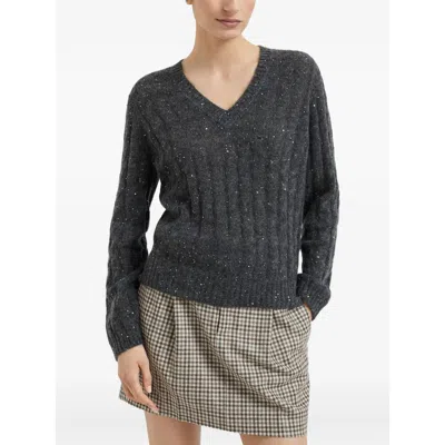 Brunello Cucinelli V-neck Cable Knit Sequin Sweater In Black