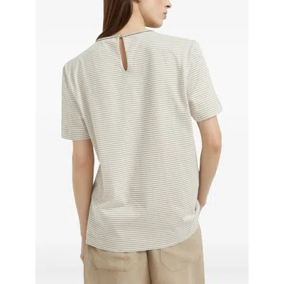 Brunello Cucinelli Striped Crew Neck T-shirt With Keyhole Detail In Neutral