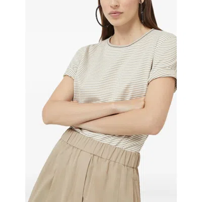 Brunello Cucinelli Striped Crew Neck T-shirt With Keyhole Detail In Neutral