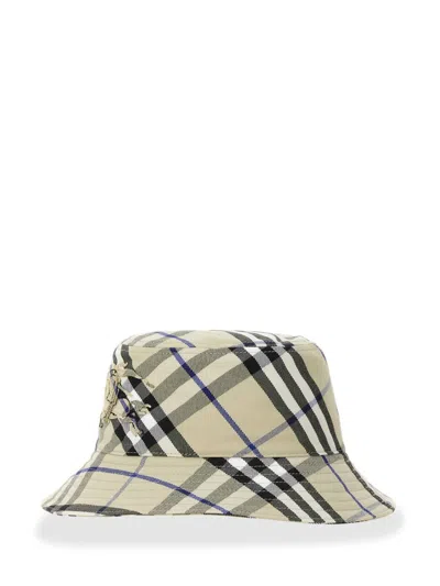 Burberry Plaid Bucket Hat With Structured Brim And Logo In Gray