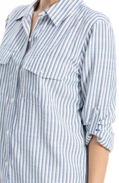 Max Studio Stripe Roll Tab Button-up Utility Shirt In Blue