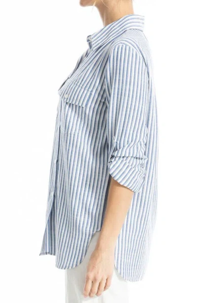 Max Studio Stripe Roll Tab Button-up Utility Shirt In Blue