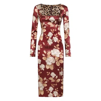 Dolce & Gabbana Dolce&gabbana Burgundy Satin Dress With Floral Print Women In Multi