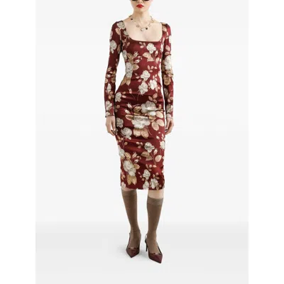 Dolce & Gabbana Dolce&gabbana Burgundy Satin Dress With Floral Print Women In Multi