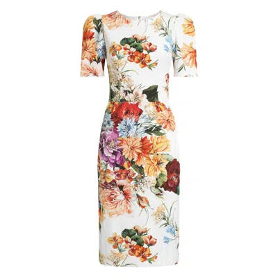 Dolce & Gabbana Bouquet-print Dress In Cretonne In White