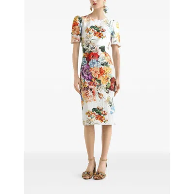 Dolce & Gabbana Bouquet-print Dress In Cretonne In White