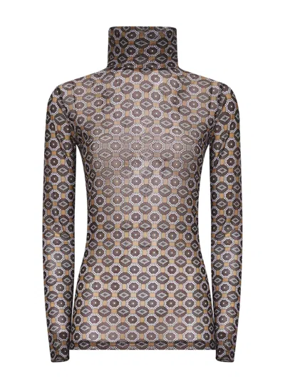 Dries Van Noten Semi-transparent Brown Print Turtleneck Jumper In Multi