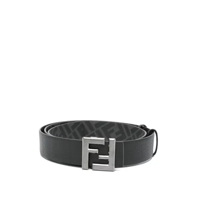 Fendi Ff Squared Leather And Canvas Reversible Belt Accessories In Black