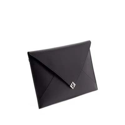 Fendi Large Flat Pouch With Envelope Design And Wrist Strap In Black