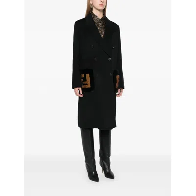 Fendi Straight-fit Midi Coat With Side Slits At The Bottom In Black