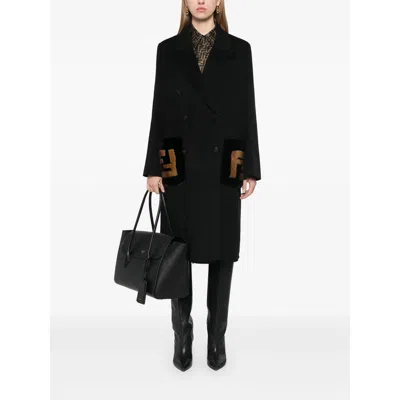 Fendi Straight-fit Midi Coat With Side Slits At The Bottom In Black