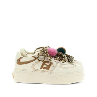 Fendi Match Low Top Platform In White Leather With Charm Women In White