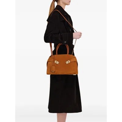 Ferragamo Hug S Beige Handbag With Logo And Gancini Buckle In Leather Woman In Brown