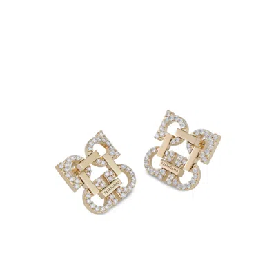 Ferragamo Crystal Embellished Four Gancini Clip On Earrings In Gold