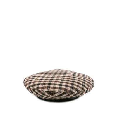 Ganni Checkered Wool Beret Featuring Buckle Detail In Neutral