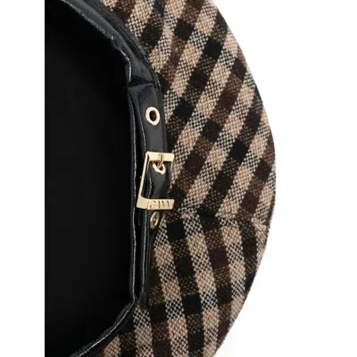 Ganni Checkered Wool Beret Featuring Buckle Detail In Neutral