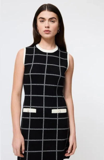 French Connection Check Sleeveless Round Neck Dress In Black