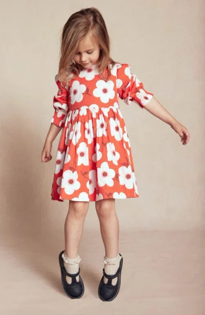 Mini Boden Kids' Floral Long Sleeve Cotton Dress In Red