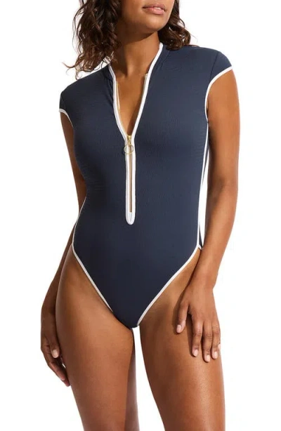 Seafolly Beach Bound-cap Sleeve Zip Front One Piece True Navy In Blue