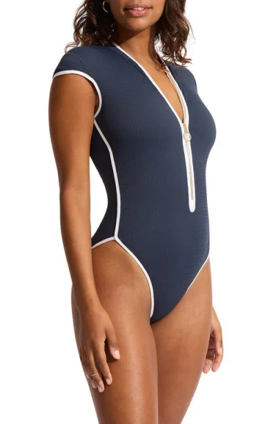 Seafolly Beach Bound-cap Sleeve Zip Front One Piece True Navy In Blue