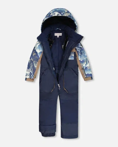 Deux Par Deux One-piece Play Snowsuit With Mountains In Blue